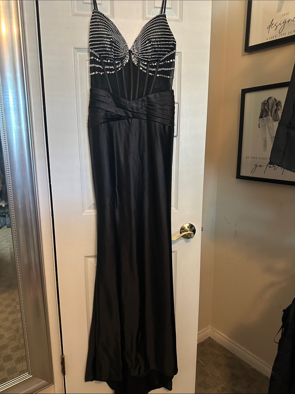 B Darlin Black Beaded Satin Prom Gown